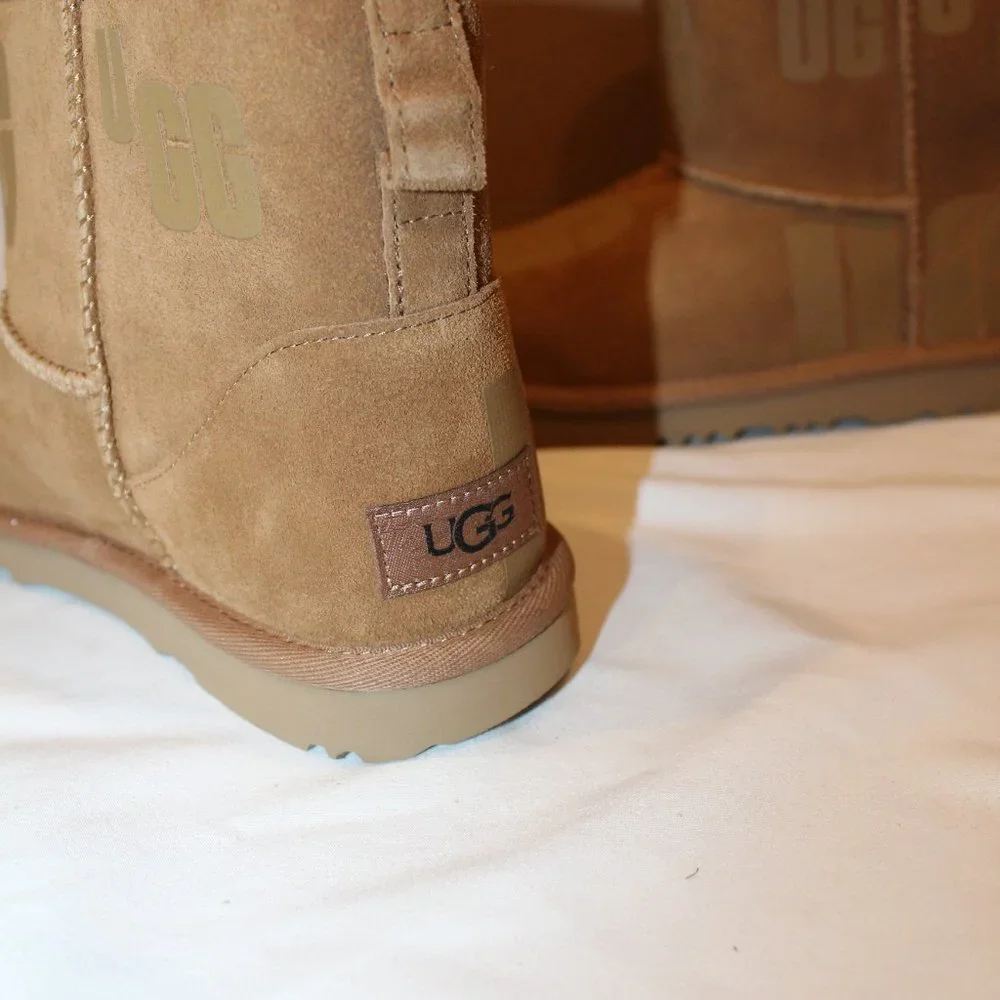 NIB UGG‎ LOGO MINI SUEDE SHEARLING LINED YOUTH GIRL'S BOOTS CHESTNUT